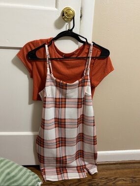 Almost Famous Rust Orange Plaid Mini Dress with Rust Crop Tee